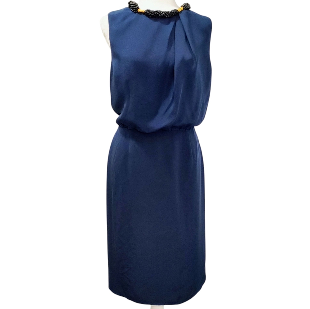 Magaschoni 100% Silk Navy Blue Midi Dress Beaded Neck Detail Wedding Guest 14